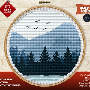 Nature cross stitch pattern. Landscape cross stitch PDF. Forest embroidery. Counted cross stitch. Mountain xstitch Modern cross stitch chart