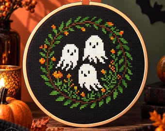 Halloween Ghost Cross Stitch Pattern, Spooky Cottagecore Design (PDF)