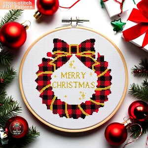 Christmas Wreath Cross Stitch Pattern PDF. Merry Christmas Plaid Wreath Embroidery Design. Festive Holiday Decor. Winter Cross Stitch Chart