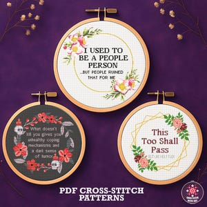 May include: Three cross-stitch patterns in wooden hoops. The top one reads "I USED TO BE A PEOPLE PERSON...BUT PEOPLE RUINED THAT FOR ME." The bottom left reads "What doesn't kill you gives you unhealthy coping mechanisms and a dark sense of humor."