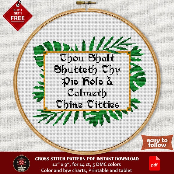 Funny cross stitch pattern. Thou Shalt Shutteth Thy Pie Hole Calmeth Thine Titties. Rude Snarky cross stitch PDF. Witty cross stitch sign