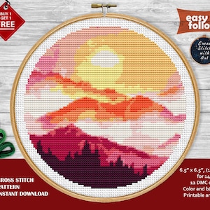 Berge Landschaft Kreuzstichmuster PDF. Moderne Kreuzstichvorlage. Natur Stickerei Design. Abenteuer, Sonnenuntergang, Sonnenaufgang