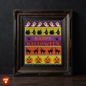Halloween cross stitch pattern. Happy Halloween sampler PDF instant download. Modern counted cross stitch chart. Scary home decor