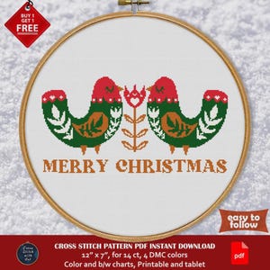 Merry Christmas cross stitch pattern. Xmas cross stitch PDF. Scandinavian Folk Art Bird embroidery chart. Beginner Festive holiday hoop art