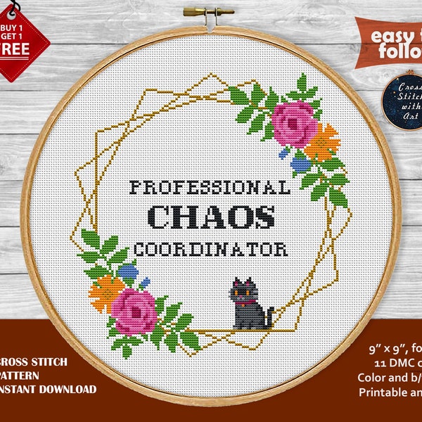 Snarky cross stitch pattern. Chaos coordinator cross stitch PDF. Modern funny cross stitch. Sarcastic animal cross stitch, flower embroidery