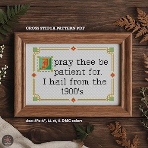 May include: A framed cross-stitch pattern with the text "pray thee be patient for. I hail from the 1900's." The frame is brown, and the text is in black. The pattern size is 8" x 6", 14 ct, and uses 5 DMC colors.