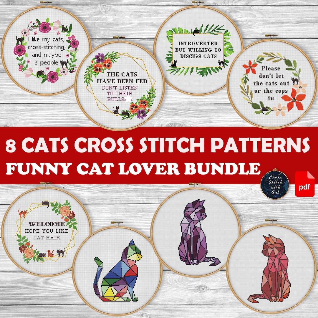 Bundle Cat Cross Stitch Pattern PDF Animal Cross Stitch Chart Sarcastic