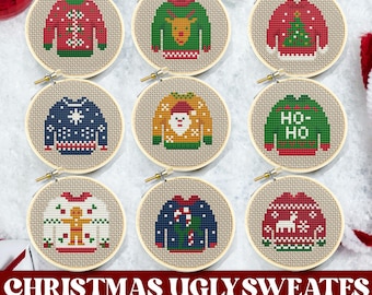 9 Mini Ugly Christmas Sweater Cross Stitch Ornament Patterns PDF