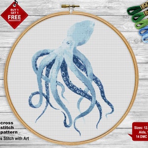 Octopus cross stitch pattern. Kraken cross stitch PDF. Jellyfish cross stitch. Counted Nautical cross stitch. Sea animal cross stitch modern