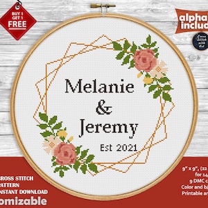 Wedding cross stitch pattern modern. Customizable counted cross stitch PDF, anniversary, Personalized love xstitch, floral embroidery chart