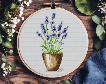 Lavender Cross Stitch Pattern, Floral Embroidery (PDF Pattern)