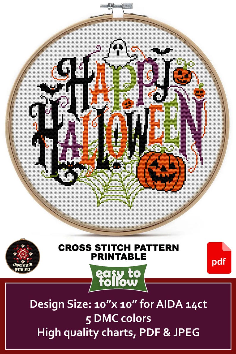 Happy Halloween Cross Stitch Pattern PDF – Spooky Autumn Decor, DIY ...