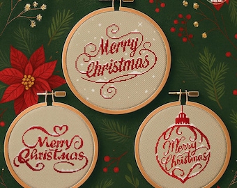 Puede incluir: Tres bastidores de bordado circulares de madera con patrones de punto de cruz sobre tela beige. Cada bastidor presenta el texto Merry Christmas en hilo rojo con adornos. Un bastidor muestra el texto dentro de una forma de adorno rojo.