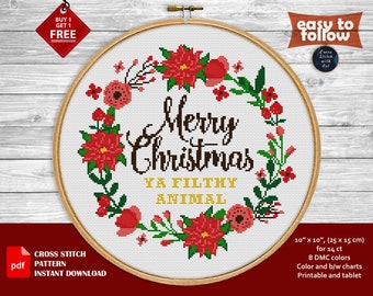 Xmas cross stitch pattern. Merry Christmas Ya filthy animal cross stitch PDF. Snarky cross stitch Counted cross stitch  embroidery