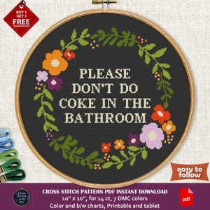 Snarky cross-stitch pattern. Please Don&#39;t Do Coke in the Bathroom. Modern Funny cross stitch PDF. Counted cross stitch chart Sarcastic quote
