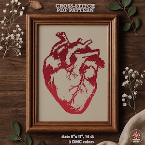 Anatomical Heart Cross Stitch Pattern PDF – Anatomy Embroidery Chart. Gothic Heart for Home Decor. Realistic Human Heart Medical Hoop Art