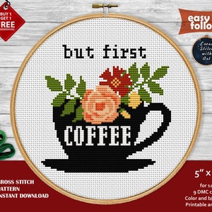 Snarky cross stitch pattern. But first coffee cross stitch PDF. Floral cross stitch. Modern xstitch. Easy counted cross stitch 5" embroidery