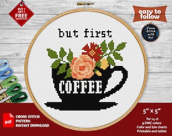 Snarky cross stitch pattern. But first coffee cross stitch PDF. Floral cross stitch. Modern xstitch. Easy counted cross stitch 5" embroidery