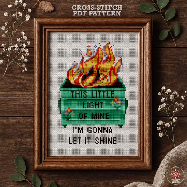 Patrón de punto de cruz "Basurero en llamas", "Luz mía". Bordado con cita sarcástica (PDF)