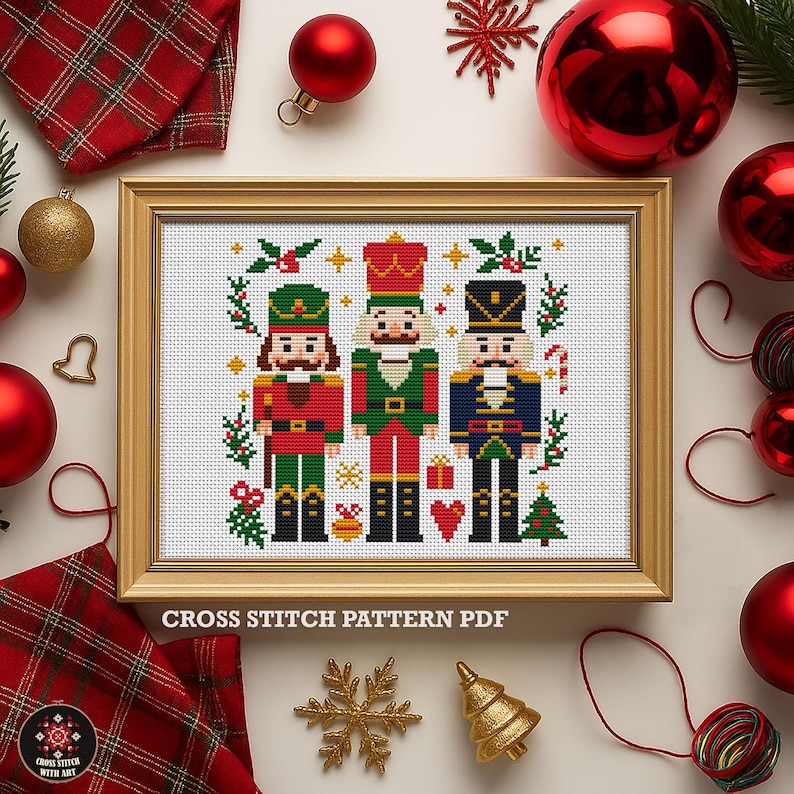 A framed cross-stitch pattern featuring three toy soldiers in red, green, and blue uniforms. The image includes the text "CROSS STITCH PATTERN PDF" and is surrounded by Christmas ornaments and decorations.