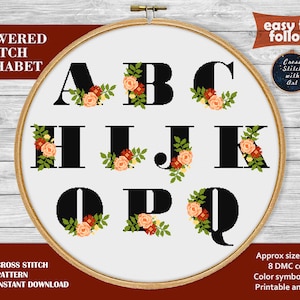 Flower Alphabet Cross stitch pattern Text, font cross stitch PDF. ABC cross stitch Modern letter cross stitch. Monogram Lettering embroidery