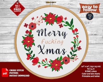 Merry Christmas cross stitch pattern. Xmas cross stitch PDF. f*ck cross stitch. Counted modern cross stitch, , snarky cross stitch