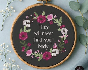 Dark Humor Floral Skull Cross Stitch Pattern – Gothic Wreath Embroidery Design (PDF)