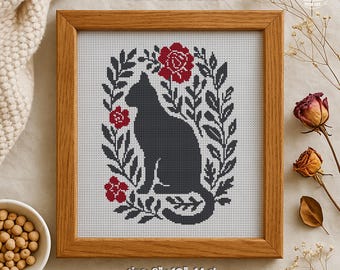 Black Cat & Roses Cross Stitch Pattern – Minimalist Feline Design (PDF Pattern)