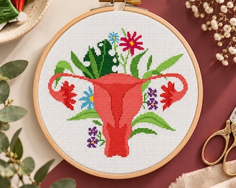 Patrón de punto de cruz de útero floral en PDF. Bordado de anatomía femenina. Diseño de ovario femenino.