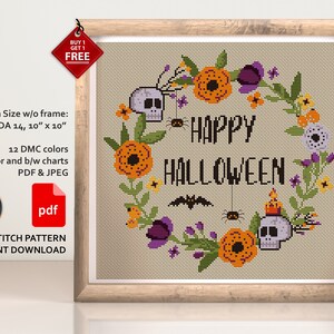 Happy Halloween cross stitch pattern. Sassy cross stitch PDF. Modern cross stitch. Flower wreath. Easy counted xstitch. Halloween embroidery image 5