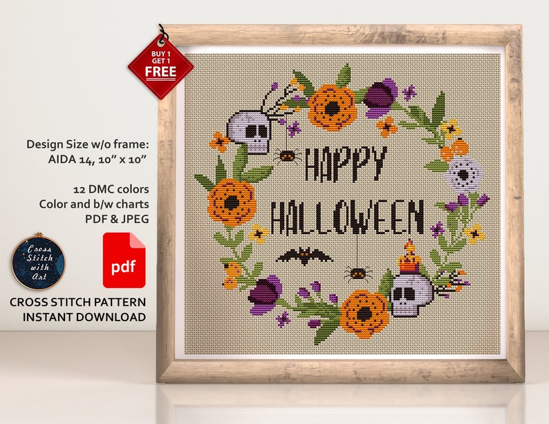 Happy Halloween cross stitch pattern. Sassy cross stitch PDF. Modern cross stitch. Flower wreath. Easy counted xstitch. Halloween embroidery image 5