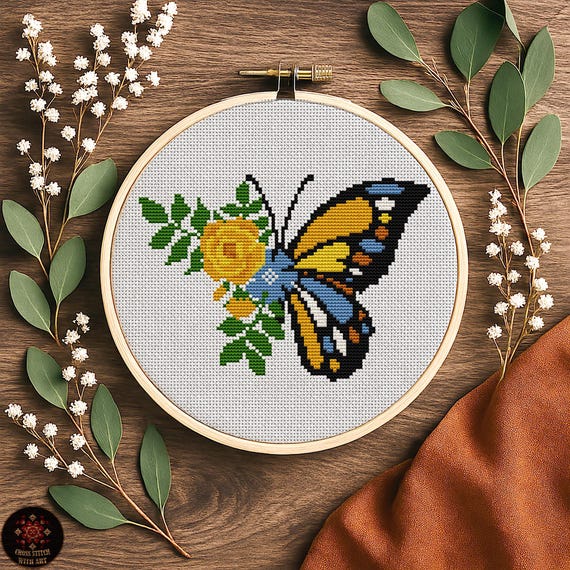 蝶のクロスステッチパターンPDF – 花のモナーク風刺繍チャート – すぐ