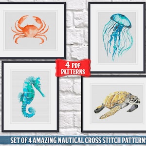 Nautical cross stitch pattern Modern Jellyfish cross stitch Crab SeaHorse needlework Medusa point de croix Marine Embroidery hoop art PDF
