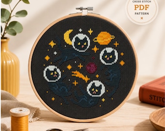 Patrón de punto de cruz de gatos astronautas en PDF: bordado de galaxia, decoración DIY para amantes de los gatos