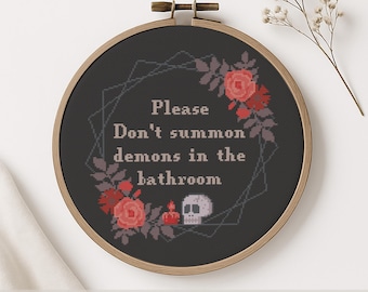 Kruissteekpatroon Don't Summon Demons, sarcastisch badkamerdecor (pdf)