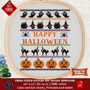 Happy Halloween cross stitch pattern. Cat, pumpkin, witch, spooky, spider. Halloween sampler. Easy counted cross stitch PDF chart, beginner