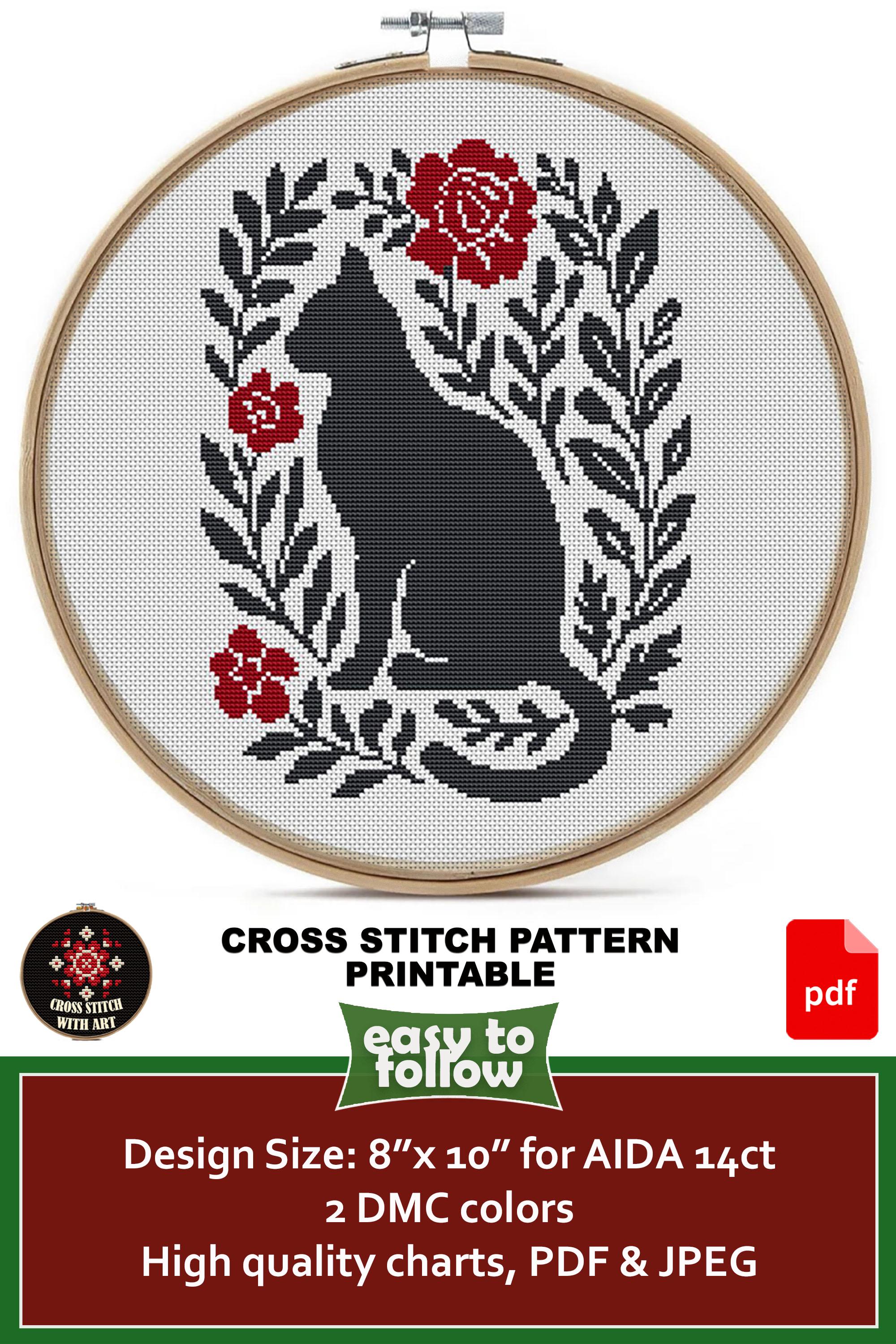 Black Cat & Roses Cross Stitch Pattern – Minimalist Feline Design (PDF ...