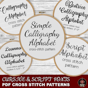 Pacote de fontes de ponto cruz de caligrafia – PDF do alfabeto cursivo e script – Letras de bordado DIY, caligrafia elegante, ponto de letras elegantes