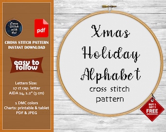 Cross stitch alphabet pattern. ABC cross stitch sampler. Xmas Font cross stitch PDF. Letter cross stitch Christmas Lettering hand embroidery