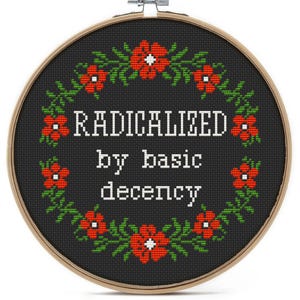A cross-stitch embroidery hoop with the words "RADICALIZED by basic decency" in white on a black background. The design is framed by a wreath of red flowers and green leaves, set within a wooden hoop.