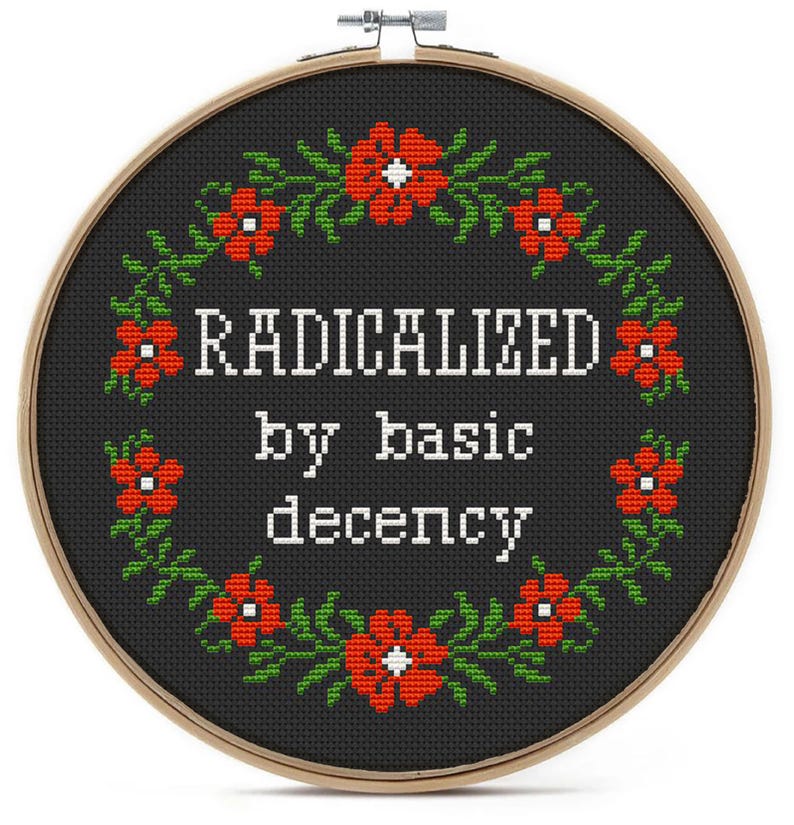 A cross-stitch embroidery hoop with the words "RADICALIZED by basic decency" in white on a black background. The design is framed by a wreath of red flowers and green leaves, set within a wooden hoop.