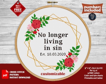 Funny wedding cross stitch pattern modern. Customizable counted cross stitch PDF. Anniversary gift, snarky cross stitch, floral embroidery