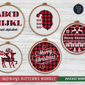 Christmas cross stitch patterns. Buffalo plaid Xmas cross stitch PDF. Floral Merry Christmas embroidery. Easy counted cross stitch alphabet.