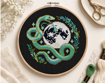 Celestial Cross Stitch Pattern – Snake and Moon, Mystical Serpent Embroidery (PDF)