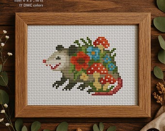 Floral Opossum Cross Stitch Pattern, Cottagecore Embroidery (PDF)