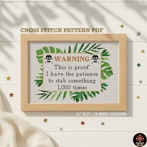 Sarcastic 'Stab 1000 Times' Cross Stitch Pattern, Monstera Border (PDF)