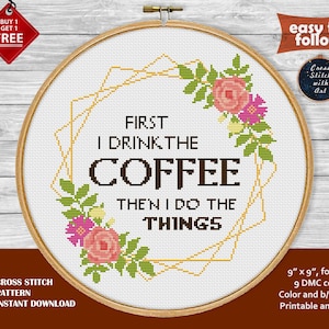 Divertente schema a punto croce. Prima bevo il caffè, punto croce in PDF. Punto croce sarcastico. Punto croce moderno, punto croce floreale facile.