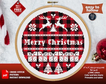Merry Christmas cross stitch pattern. Xmas cross stitch PDF. Nordic Christmas embroidery. Buffalo plaid cross stitch. Easy counted xstitch