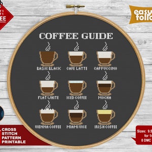 May include: A black and white cross stitch pattern of a coffee guide with illustrations of different types of coffee, including basic black, cafe latte, cappuccino, flat white, iced coffee, mocha, Vienna coffee, Miami vice, and Irish coffee. The pattern is 9.5 inches by 11.5 inches and uses 8 DMC colors.