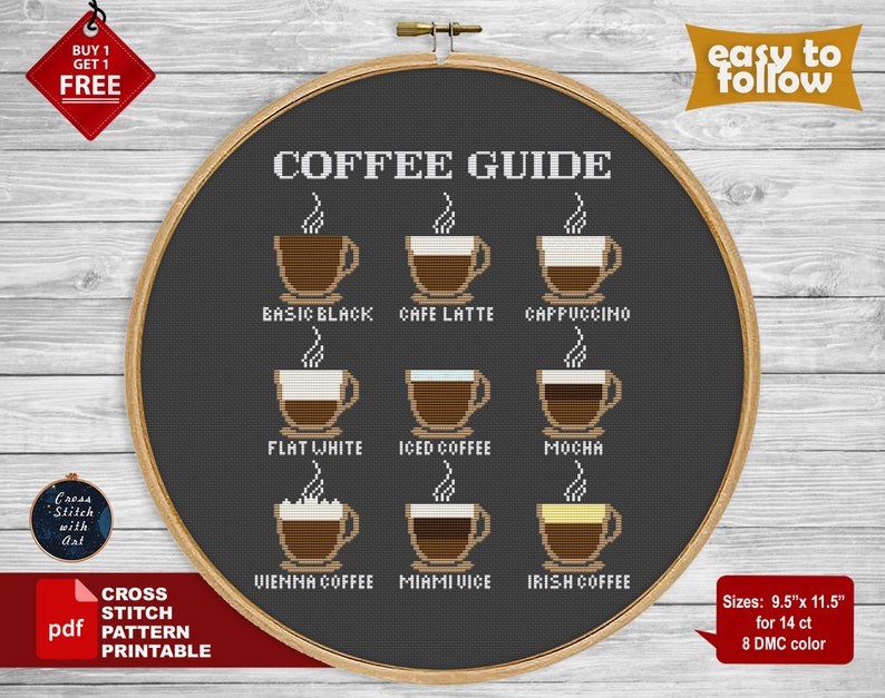 May include: A black and white cross stitch pattern of a coffee guide with illustrations of different types of coffee, including basic black, cafe latte, cappuccino, flat white, iced coffee, mocha, Vienna coffee, Miami vice, and Irish coffee. The pattern is 9.5 inches by 11.5 inches and uses 8 DMC colors.
